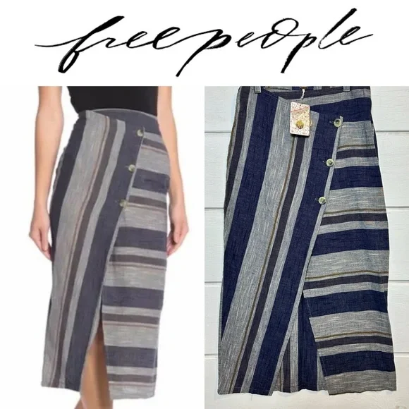 Free People NWT Blue Striped Asymmetrical Wrap Big Sur Midi Skirt Sz 2 - Picture 1 of 12